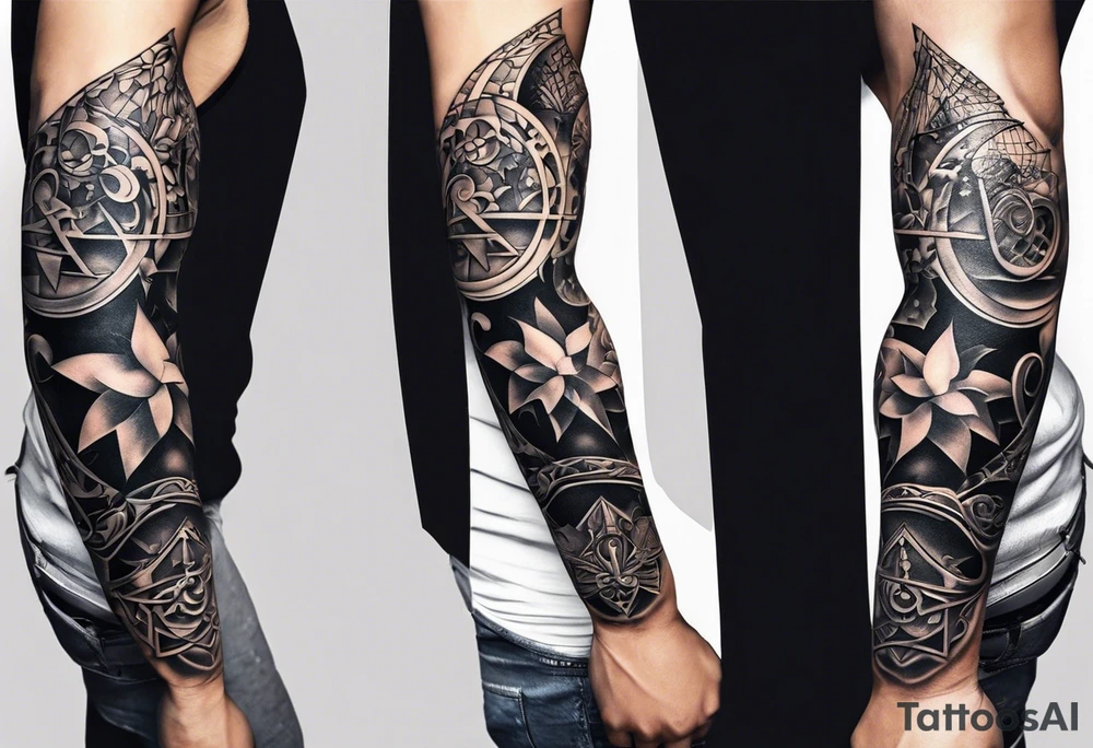 A well balanced tattoo full left arm with the following images:
2 stars, 
1 quarter moon, 
a bass guitar, 
a caduceus symbol and 
a mickey mouse shadow tattoo idea