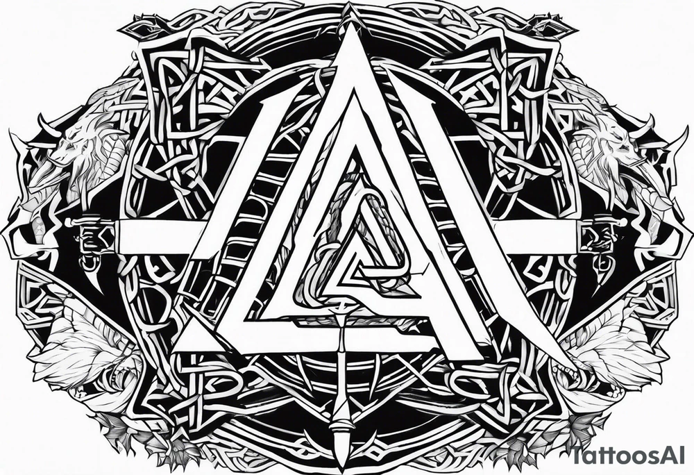Valhalla sword shield dragon axe Valknut barbed wire 
 steps tattoo idea