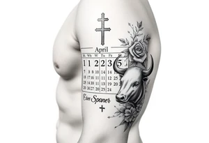 Calendar with the date 12th of April with a cross, roses,  Spanish bull and the name Oscar tattoo idea