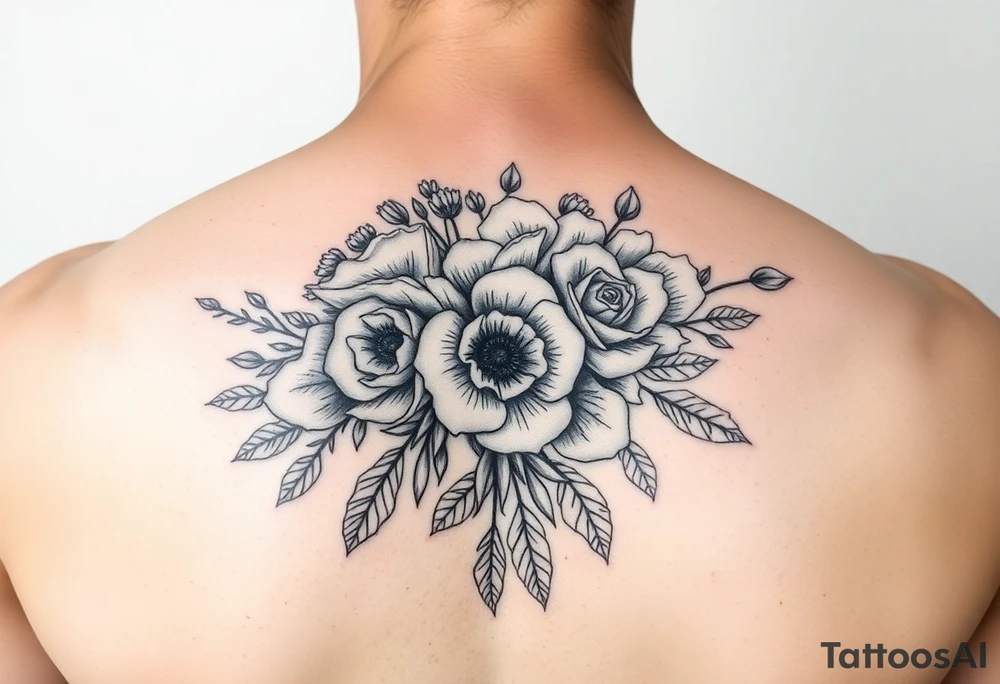 vintage bouquet of wild roses and meadow flowers with morning dew tattoo idea