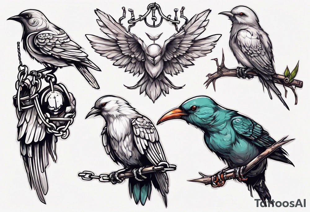 horizontal hand with middle finger extended, headless-songbird perched on middle finger, headless bird's leg chained to finger tattoo idea