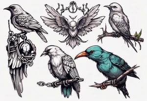 horizontal hand with middle finger extended, headless-songbird perched on middle finger, headless bird's leg chained to finger tattoo idea