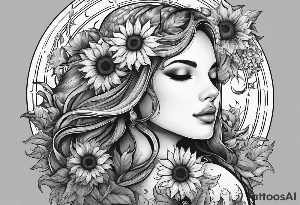 Cancer, moon, sunflower, flowers, fairy, goddess, love, kind, fierce, sun, strong woman, caring, tattoo idea