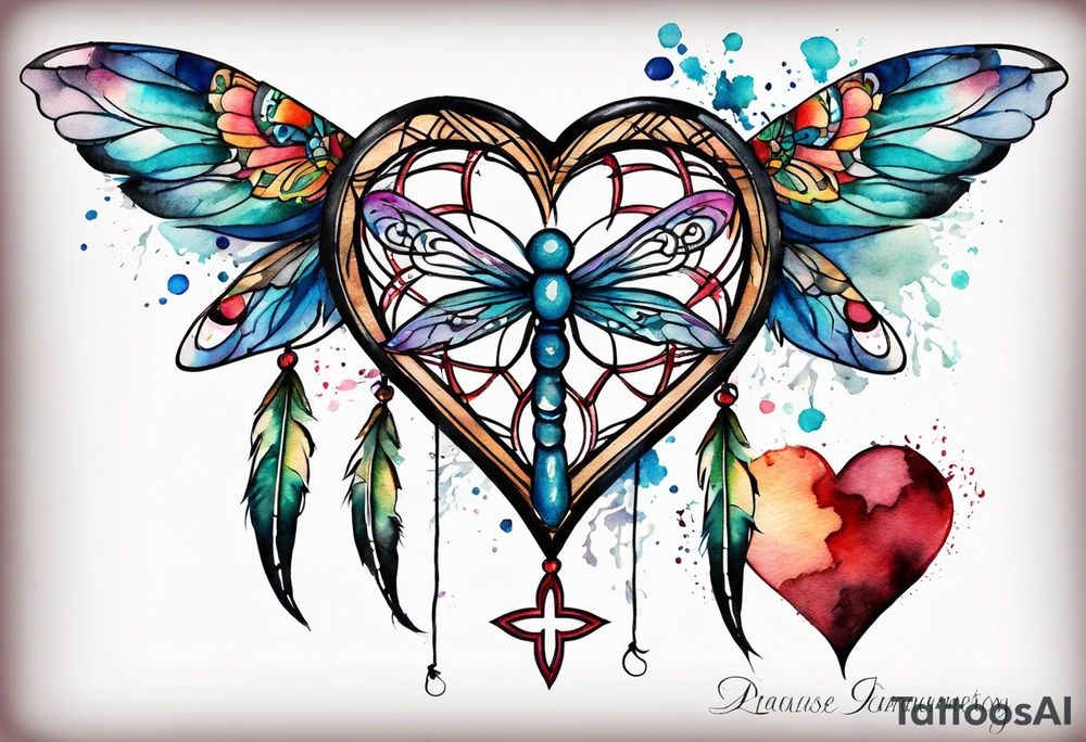 Watercolor tattoo of heart shaped dream catcher with cross going through the heart. Dragonfly flying on side tattoo idea