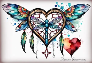 Watercolor tattoo of heart shaped dream catcher with cross going through the heart. Dragonfly flying on side tattoo idea