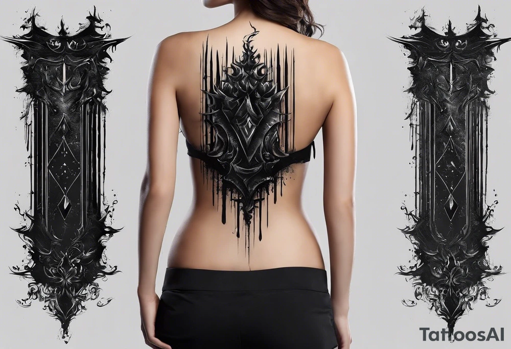 Certainly! Here’s a description for your back tattoo:

---

**Tattoo Description:**

Design: Black work, paint strokes.
Location: Back.
Concept: Dante's Inferno, representing the layers of hell.

**Design Details:**

1. **Vertical Lines:**
   - Two bold, vertical lines run parallel up the spine, symbolizing the journey through the depths of Dante's Inferno.

2. **Horizontal Lines:**
   - Nine horizontal lines intersect the vertical lines, each representing one of the nine circles of hell.
   - The lines descend down the back, each becoming progressively shorter and narrower to signify the decreasing levels of hell's circles.
   - The paint stroke style gives the lines a dynamic, brush-painted appearance, enhancing the dramatic and artistic effect.

3. **Overall Style:**
   - The black work technique ensures a striking contrast, with deep black ink emphasizing the severity and depth of the concept.

Sure, here's a simplified version:

---

**Tattoo Description:**

**Design:** Black work, paint strokes.
**Location:** Back.
**Concept:** Dante's Inferno, layers of hell.

**Details:**

1. **Vertical Lines:**
   - Two parallel lines up the spine.

2. **Horizontal Lines:**
   - Nine perpendicular lines, descending and decreasing in width.

**Style:**
   - Bold black work with paint stroke effects.

---

This version is straightforward and clear.

---

This description provides a clear and detailed vision for your tattoo artist to work from, capturing the essence and symbolism of Dante’s Inferno in a powerful and visually striking way. tattoo idea