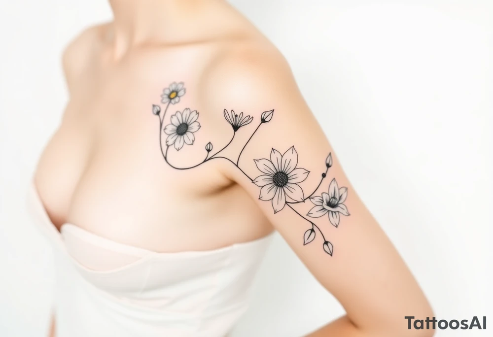 This tattoo is on a woman. It is a line of flowers connected by a single stem. It starts on her left pectoral with a Glaiolus and Daisy together, then the tatoo rises over the left shoulder and down the arm and ends at the elbow. The tattoo will include a primrose, Calla Lily, and a Lilly. It will be light on color except in the petals and has light shading to make it pop. tattoo idea