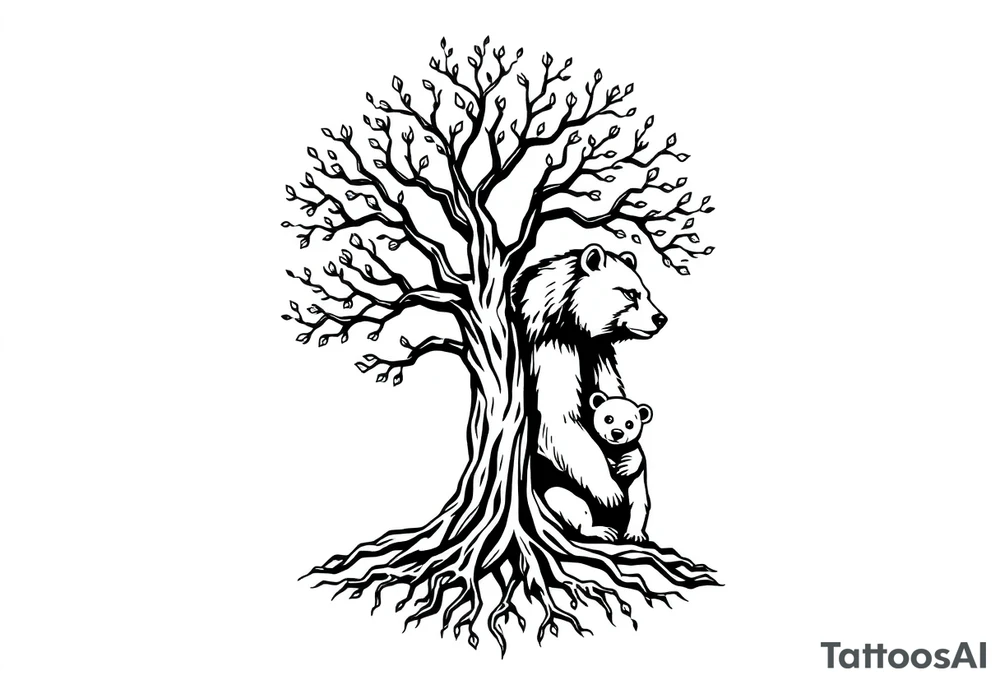 Tree of life with roots and a mother bear with her cub tattoo idea