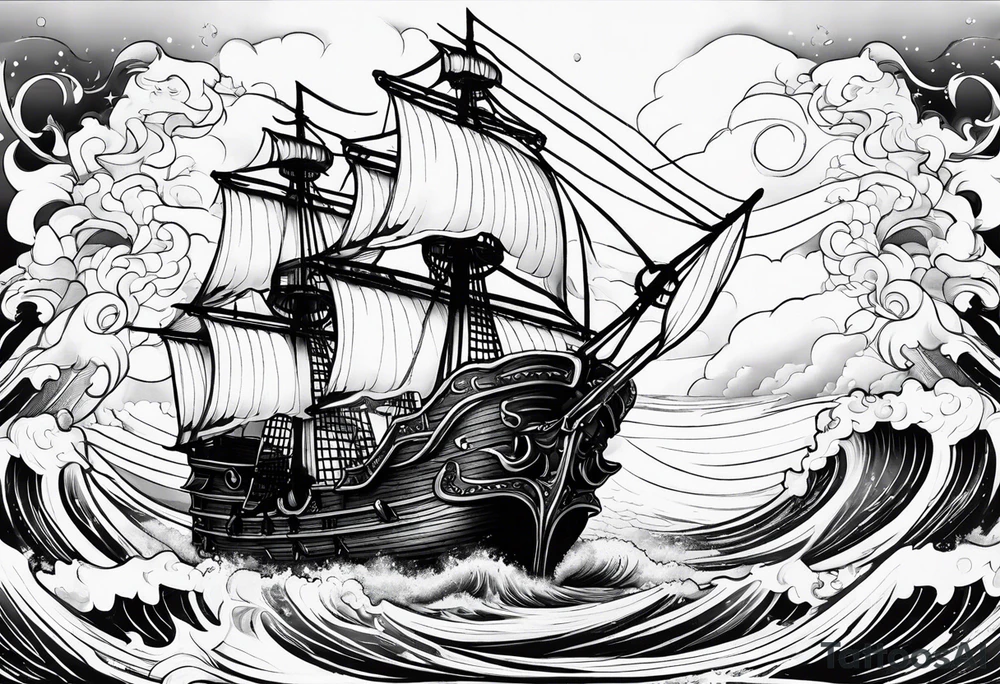 Black pearl pirate ship with waves tattoo idea