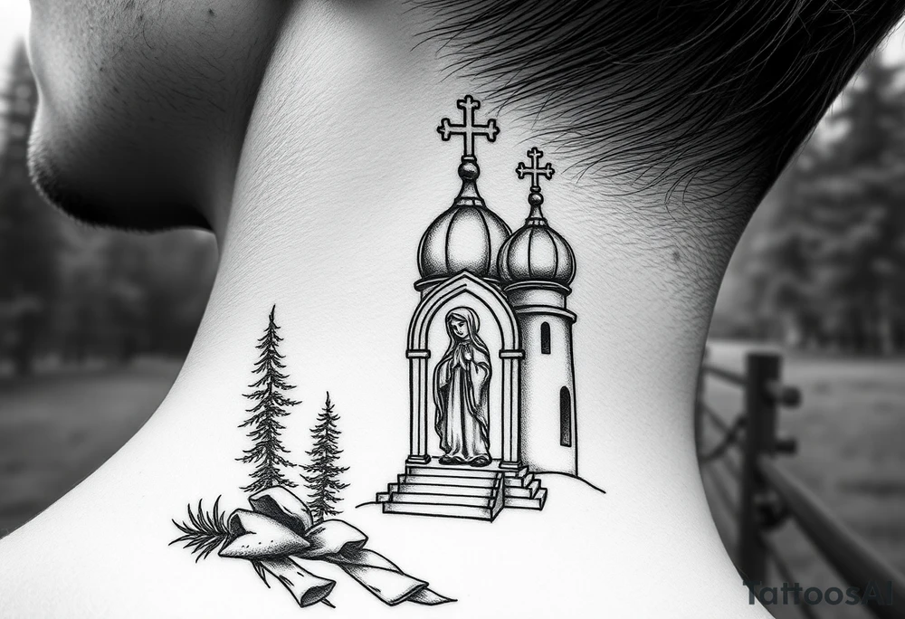 russian coat arms traditional christian orthodox cross with a virgin mary stood in the entrance of a russian orthodox dome church on the side of the neck in a wilderness setting tattoo idea