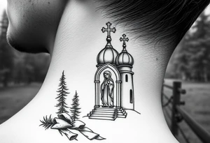 russian coat arms traditional christian orthodox cross with a virgin mary stood in the entrance of a russian orthodox dome church on the side of the neck in a wilderness setting tattoo idea