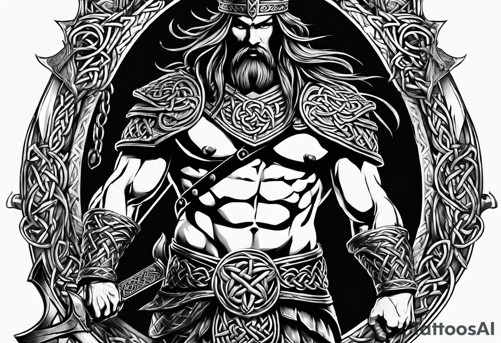 Side full body shot of Celtic warrior with sword and axe. tattoo idea