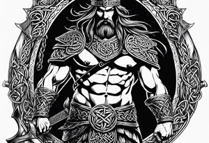 Side full body shot of Celtic warrior with sword and axe. tattoo idea