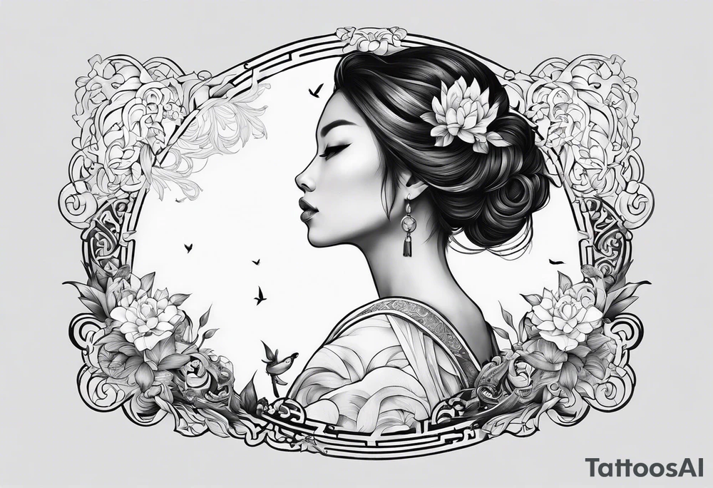 I want a fine line, feminine but very powerful tattoo. I want it to feel oriental and decorative. I want the image to portray a powerful story from the Bible. I want the tattoo to look peaceful and glowy tattoo idea