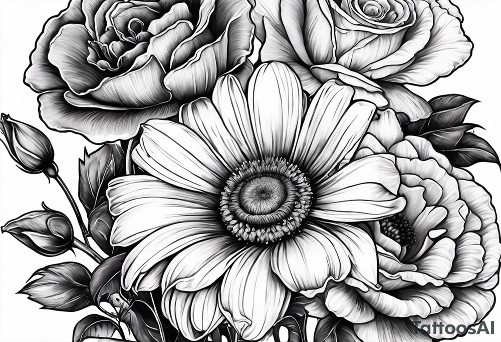 A sleeve of a single daisy and a rose with poppies and gladiolus flowers weaving through the daisy and rose tattoo idea