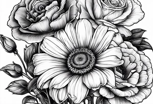 A sleeve of a single daisy and a rose with poppies and gladiolus flowers weaving through the daisy and rose tattoo idea