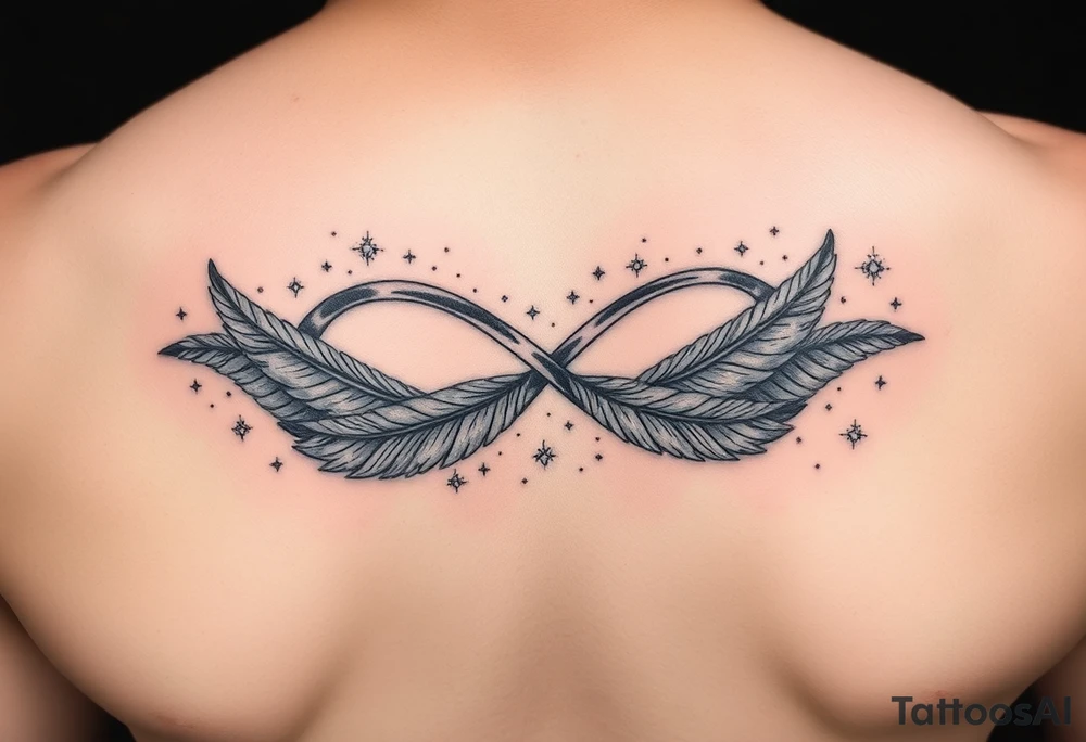 infinity symbol woven with floating feathers and stardust tattoo idea