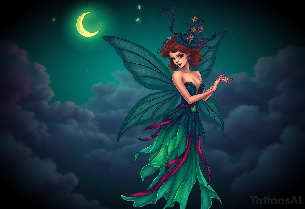 Tim Burton’s pin up style Vintage Parisian elegant and hauntingly beautiful yet eerie full body absinthe Green Fairy dances outside her victorian crystal decatur absinthe bottle Absinthe Art Nouveau   and dripping with muted reds, dusty pinks, and eerie green glow.purple and cyan smokey clouds swirl in the crescent moonlit sky thats sprinkled with stars tattoo idea