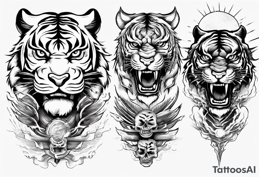 Tiger warrior with lightning and the sun for a forearm sleeve tattoo idea