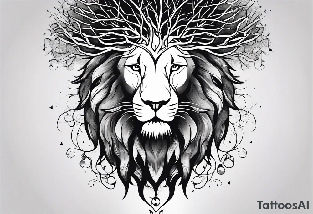 Full Tree with roots turns into lion head tattoo idea