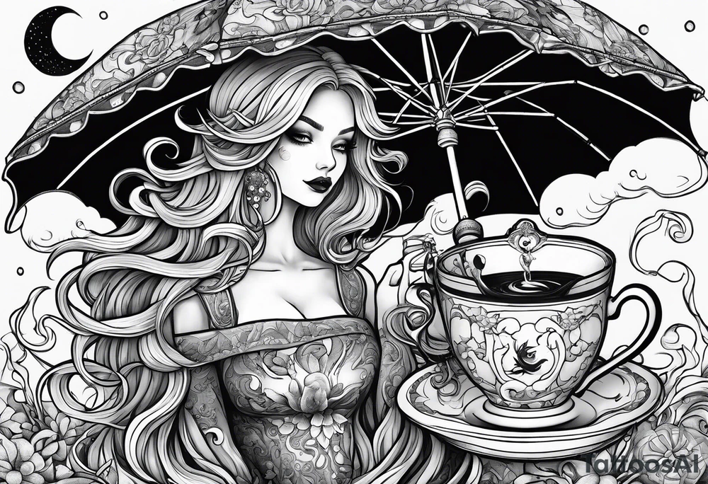 a sea witch with tentacles holding an umbrella and a teacup with a yellow bird chasing a gingerbread boy tattoo idea