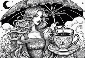 a sea witch with tentacles holding an umbrella and a teacup with a yellow bird chasing a gingerbread boy tattoo idea