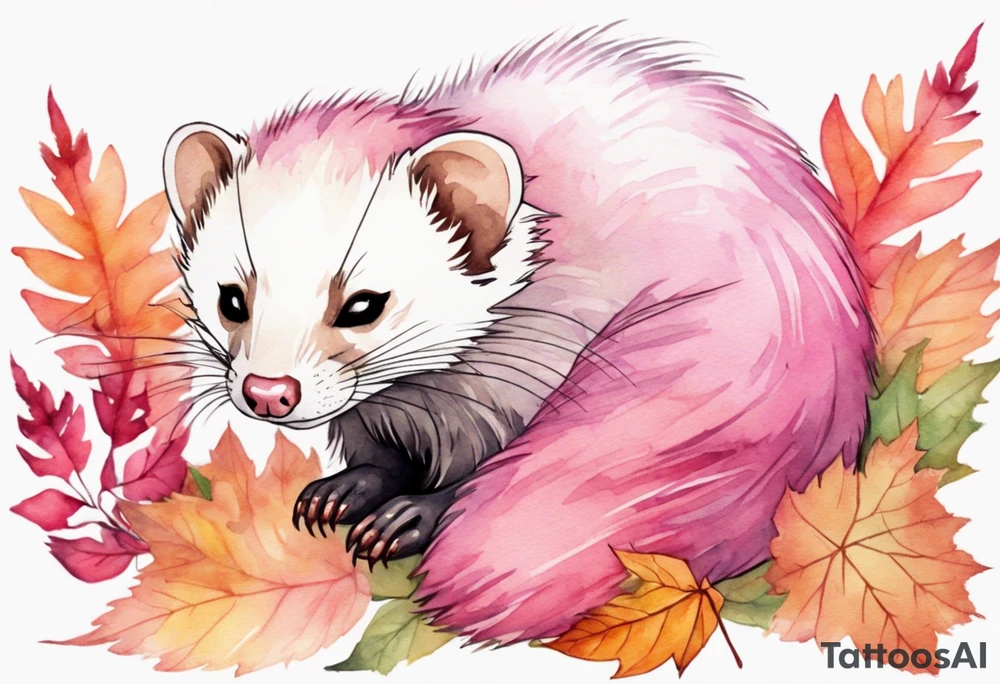 watercolor of a ferret with pink fur and pink ears sleeping in the autumn forest tattoo idea
