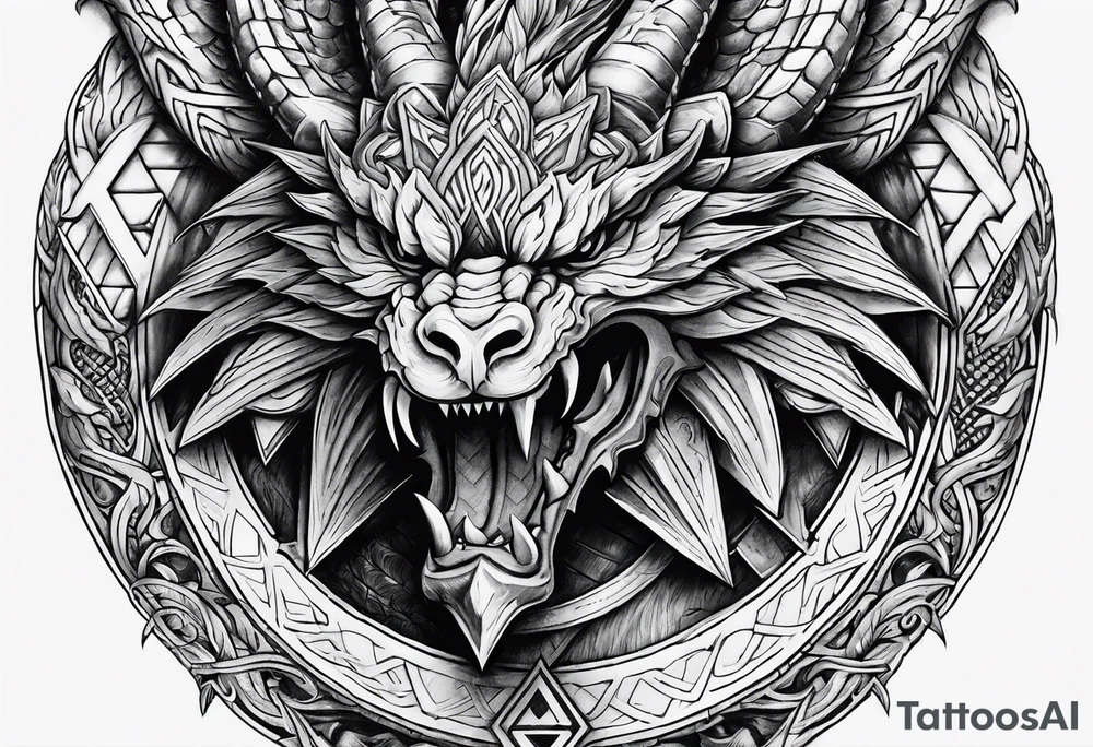 Valhalla sword shield dragon axe Valknut tattoo idea
