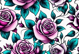 Vertical Pink and purple roses with teal leaves tattoo idea