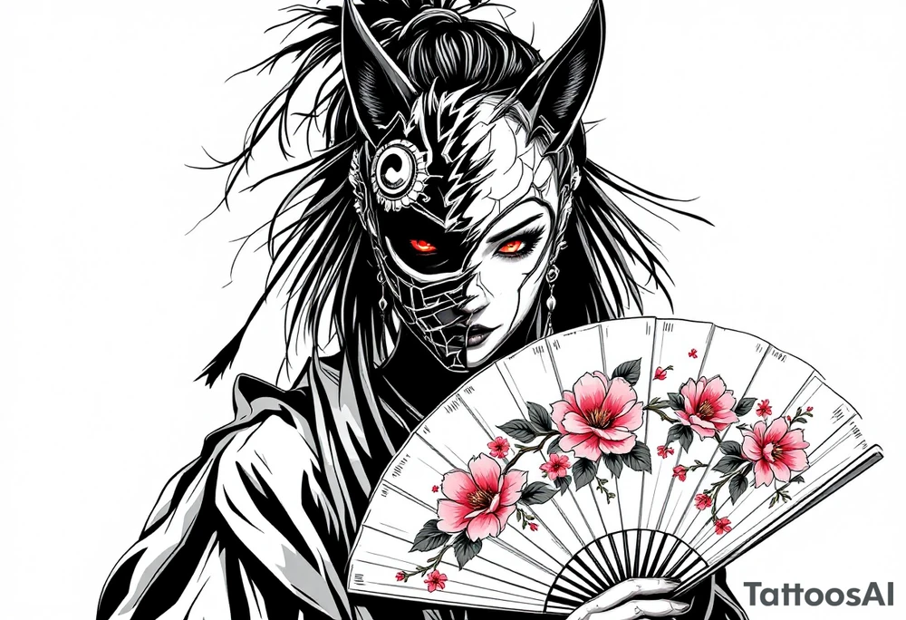 Woman samurai with red eyes wearing an half and broken kitsune mask, holding a japanese fan with Sakura flowers tattoo idea