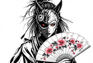 Woman samurai with red eyes wearing an half and broken kitsune mask, holding a japanese fan with Sakura flowers tattoo idea