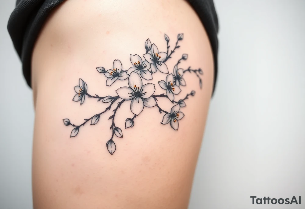 delicate cherry blossoms swirling in spring breeze with petals tattoo idea