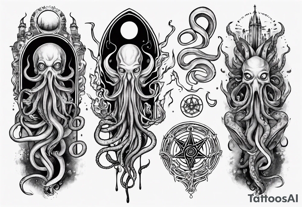 lovecraft long tattoo to put on the forearm, with eye and tentacle tattoo idea