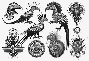 Cyberpunk Mayan/Aztec Quetzal bird/dinosaur with Neurons. tattoo idea