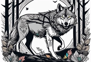 A powerful Wolf ist carrying a crow in His back
Background Woods tattoo idea