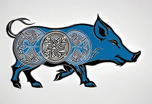 Side profile, Celtic, tribal, wild boar, On a Chatwin family crest with blue background, two gold stars, and a gold Chevron, and a Thistle. With bold black tribal lines. ancient Celtic, tribal boar tattoo idea