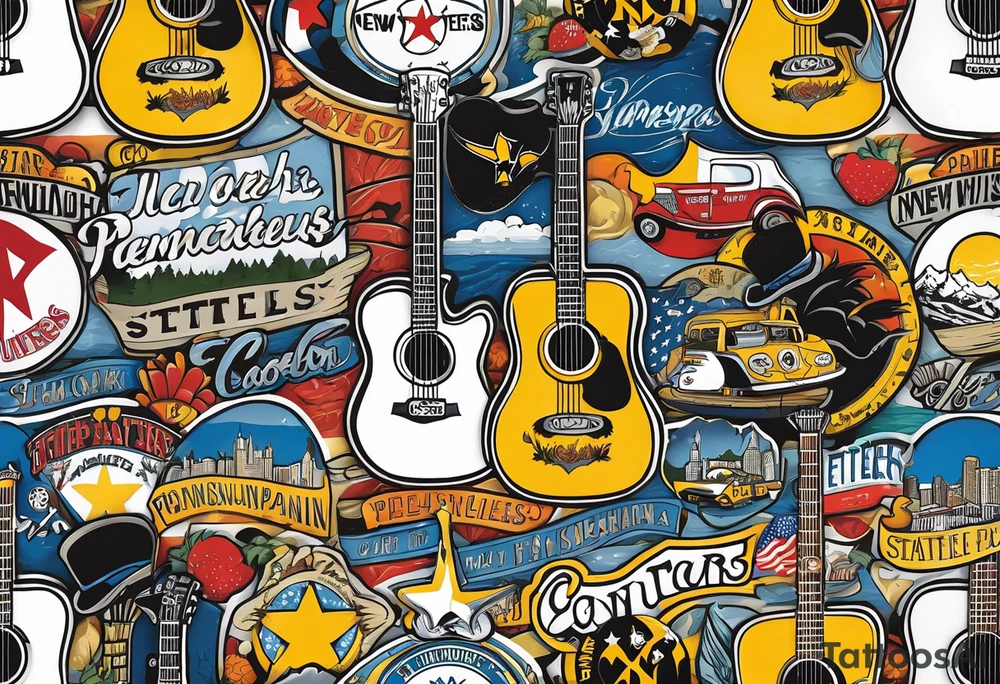 New York Yankees 
Pittsburgh Steelers
Pittsburgh Penguins
State of Texas
State of Pennsylvania
State of Massachusetts
State of New York
State of Colorado
Mountains
Fender Guitars
Jackson
Hadley
Heather tattoo idea