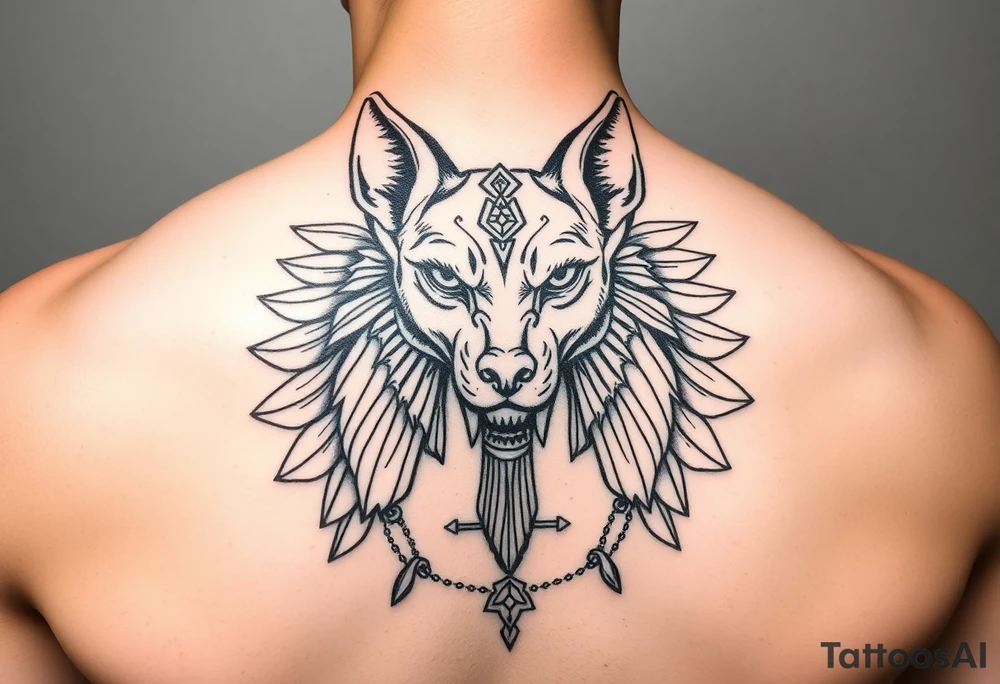 Egyptian Anubis god powerful face muscle in Egypt style dog face surrounded Egyptian symbols tattoo idea