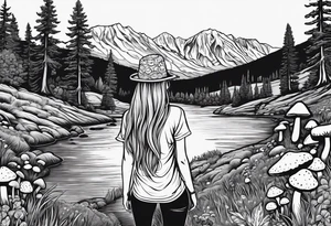 Straight long blonde hair hippie girl in distance holding mushrooms in hand facing away toward mountains and creek surrounded by mushrooms tee shirt hiking pants

Circular picture tattoo idea