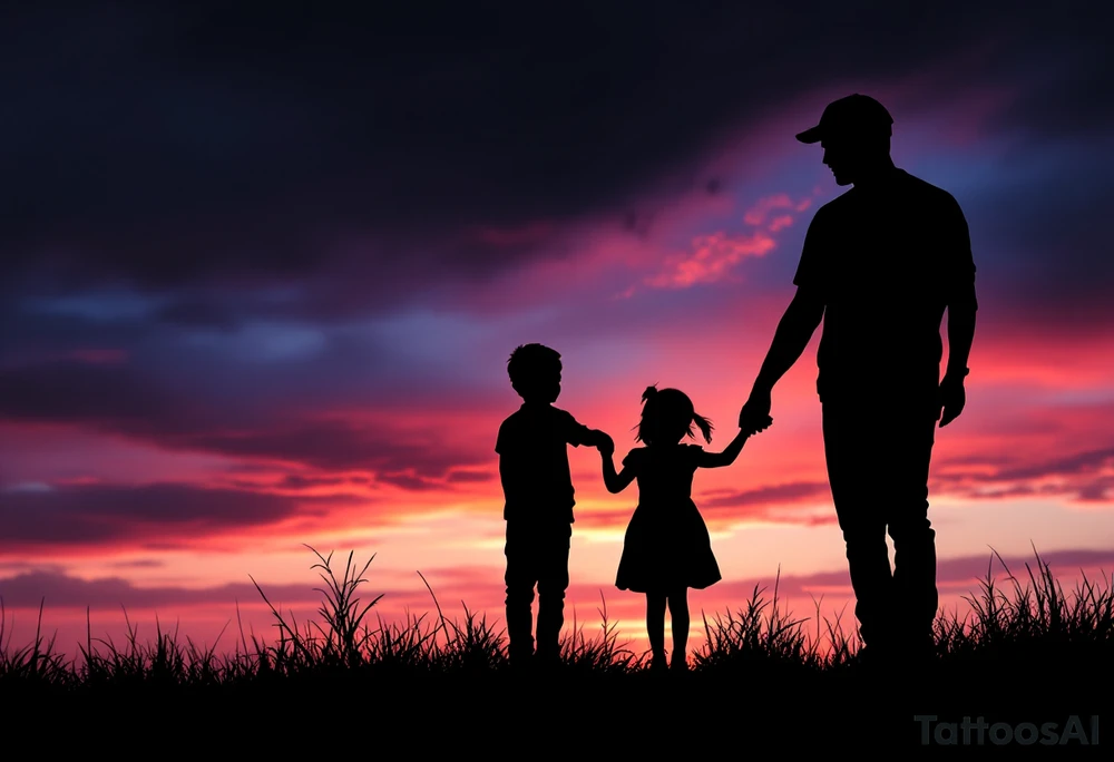 A silhouette of a father holding hands with two children at sunset, shaded in black with a soft orange and pink background. tattoo idea