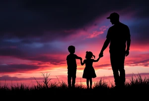 A silhouette of a father holding hands with two children at sunset, shaded in black with a soft orange and pink background. tattoo idea