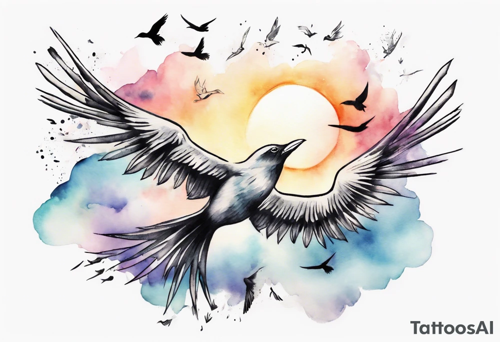 a shoulder tattoo with lots of rays of light in gradient starting from the middle
, clouds and birds flying free tattoo idea
