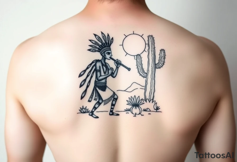 tribal Kokopelli playing flute in desert scene in front of a cactus with sun in the air tattoo idea