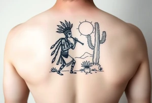 tribal Kokopelli playing flute in desert scene in front of a cactus with sun in the air tattoo idea
