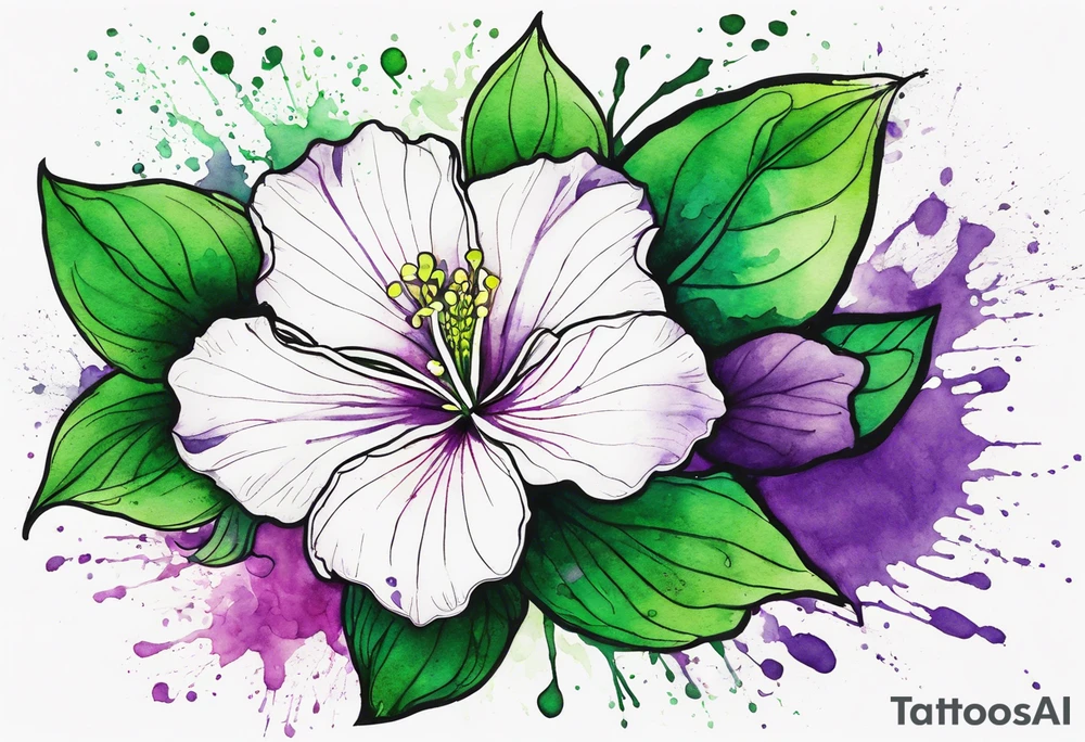 An outline of an only green rio dipladenia flower and a green and purple watercolor splash in the background tattoo idea