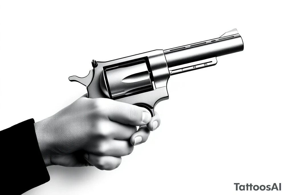 Actual size Revolver .45 caliber elegant but simple art work on gun. With fingers being the barrel and, butt of gun towards wrist. tattoo idea