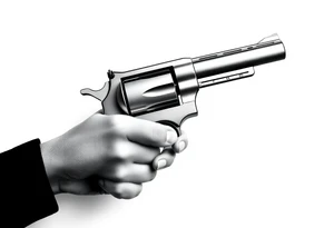 Actual size Revolver .45 caliber elegant but simple art work on gun. With fingers being the barrel and, butt of gun towards wrist. tattoo idea