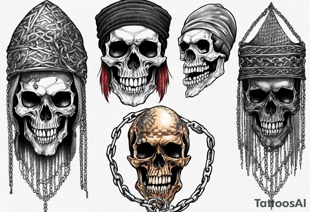 A skull with battered teeth and a chain mail head covering tattoo idea