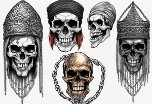 A skull with battered teeth and a chain mail head covering tattoo idea