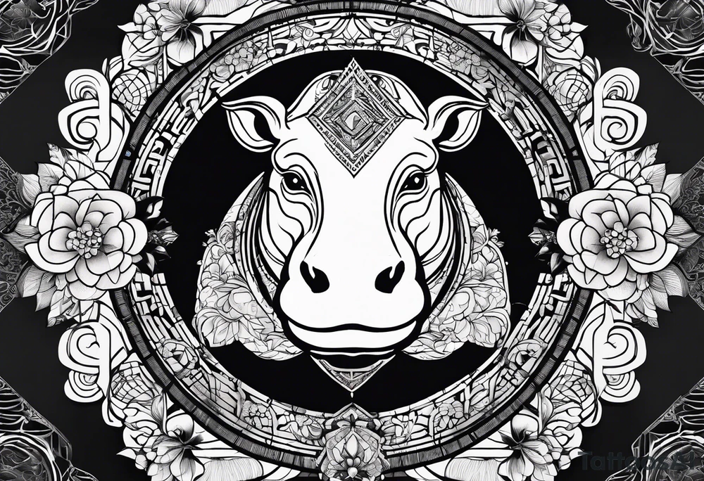 Very asymmetrical, +geometric pattern, with realistic full moon, with seeious looking hippo, +zen feel, + Buddhism touch, +tribal, +geometric
with wintersweet flower bud, +portrait orientation, +inkart touch, tattoo idea
